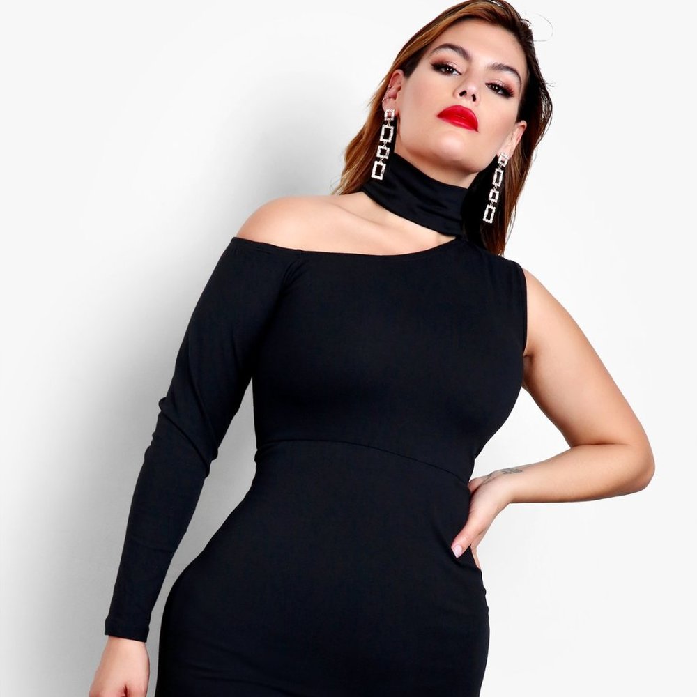 "Cold Shoulder" Single Sleeve Bodycon Midi Dress